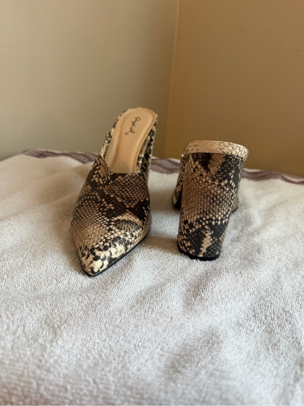 Qupid Beige and Black Snake-Print Pointed Mules